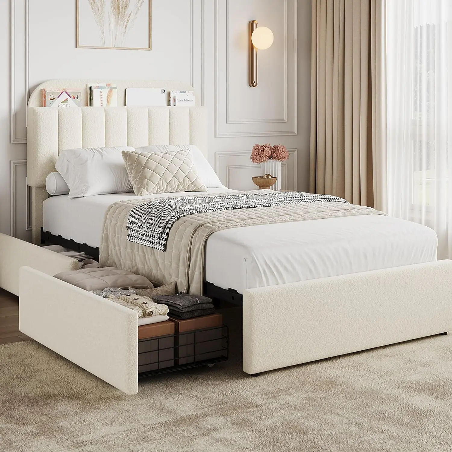 Twin/Full/Queen Bed Frame with Storage Headboard, Kids Bed Frame with 2 Drawers, Boucle Upholstered Platform Bed with Bookcase, No Box Spring Needed, Easy Assembly