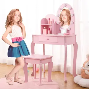 Kids Vanity Set with Touch Lighted Mirror, Pretend Play Girls Vanity Table and Chair Set with Mirror, Stool, and Wood Makeup Playset, Pink