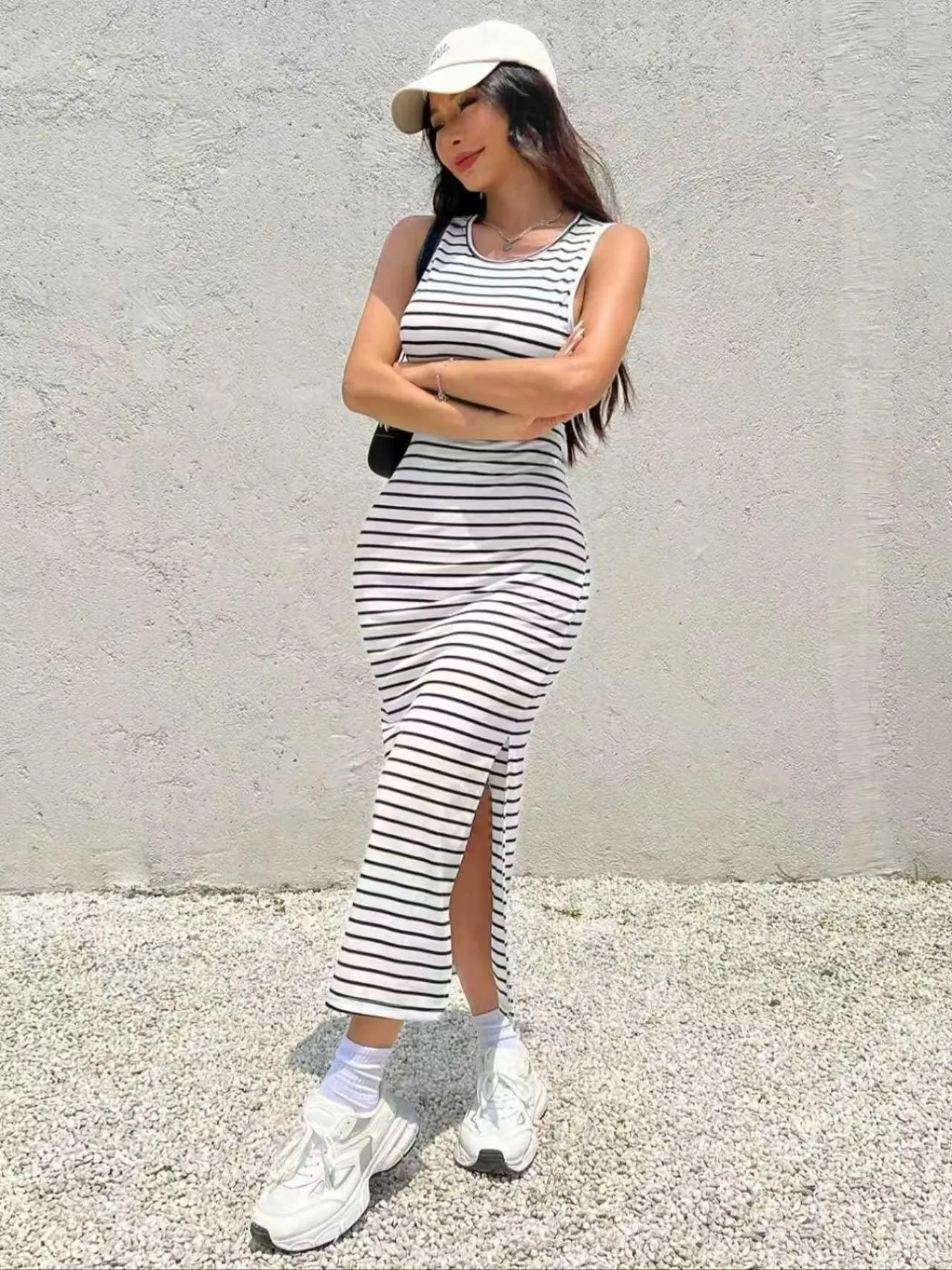blue dress for baby girl White Mark Women's Backless Striped Maxi Dress - Black