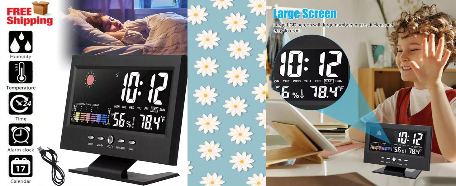 Large display LED digital alarm clock 180 degrees date day temperature display adjustable