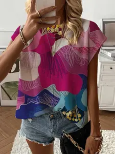 Summer Round Neck Short Sleeve Knit Top, Loose Fit Colorblock Floral Print, Casual Elegant Commuter, Bikini Cover-Up, Womenswear