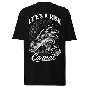 Life’s A Risk Carnal T-Shirt | Chicano Streetwear Graphic Tee | Tattoo Hand & Dice Art Shirt | West Coast Lowrider Urban Style Apparel | Barrio-Inspired Clothing for Street Culture & Latino Pride Fans