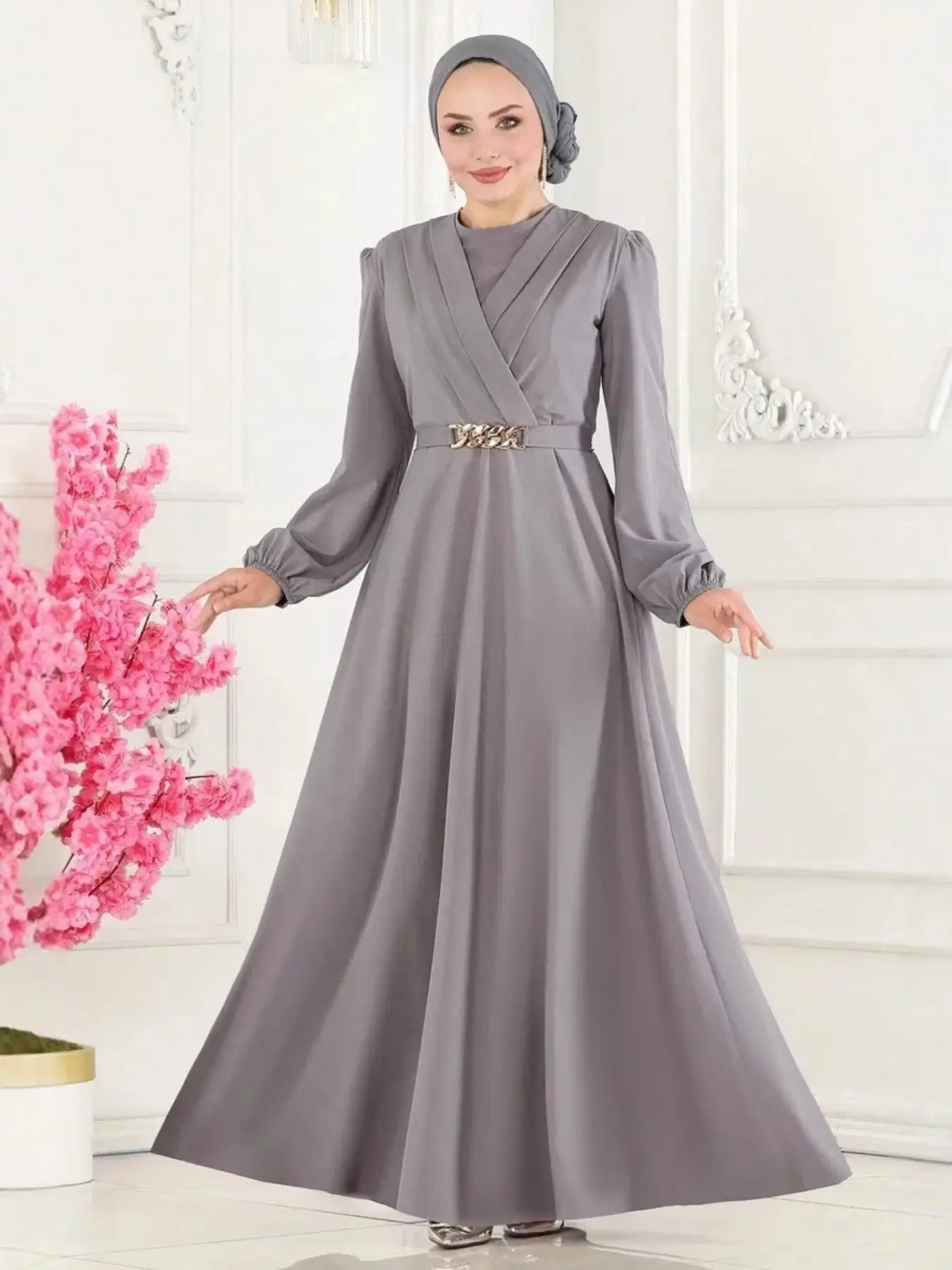 Women's Fashion Casual Plain Round Neck Loose Fit Belted Long Dress, Stylish Ladies' Clothing for Daily Wear & Special Occasions