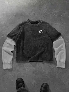 Trendy Fashion Washed Cotton Mock Two-Piece Round Neck Long Sleeve Print Shirt, Fitted, Breathable Fabric, Layered Design, Daily Wear, Street Style, Streetwear, Aesthetic