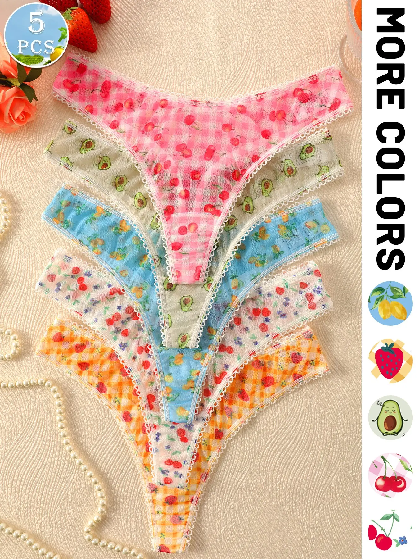 3/5 Pcs Fruit Print Women's Thong Panties, Lace-Like Semi-Transparent Mesh Low Waist Triangle Underwear, Sexy Slim-Fitting All Seasons