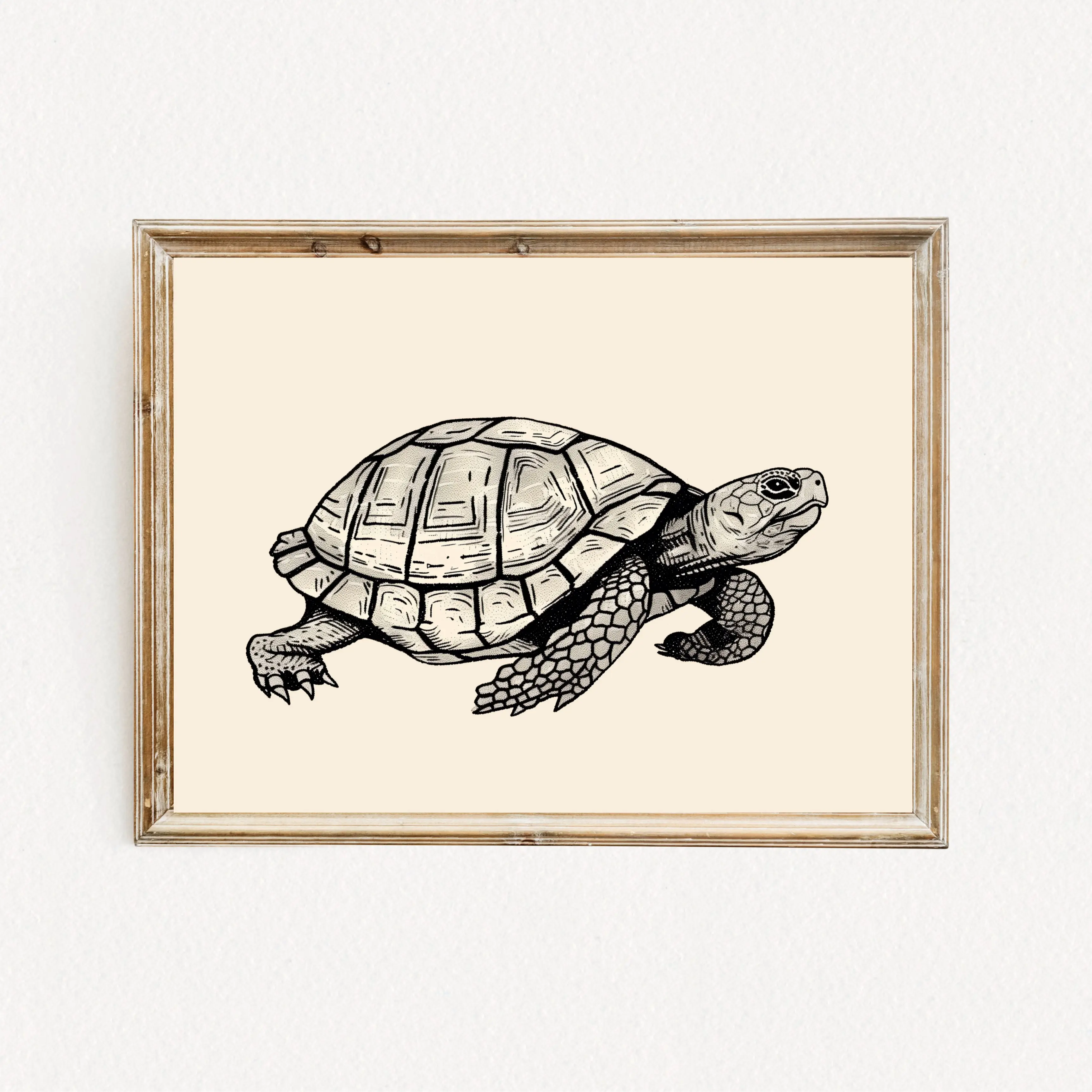 Vintage Tortoise Art Print - Black and White Turtle Illustration on Cream Background - Whimsical Animal Wall Decor - Unique Gift for Nature Lovers and Reptile Enthusiasts - Matte Poster Room Decoration