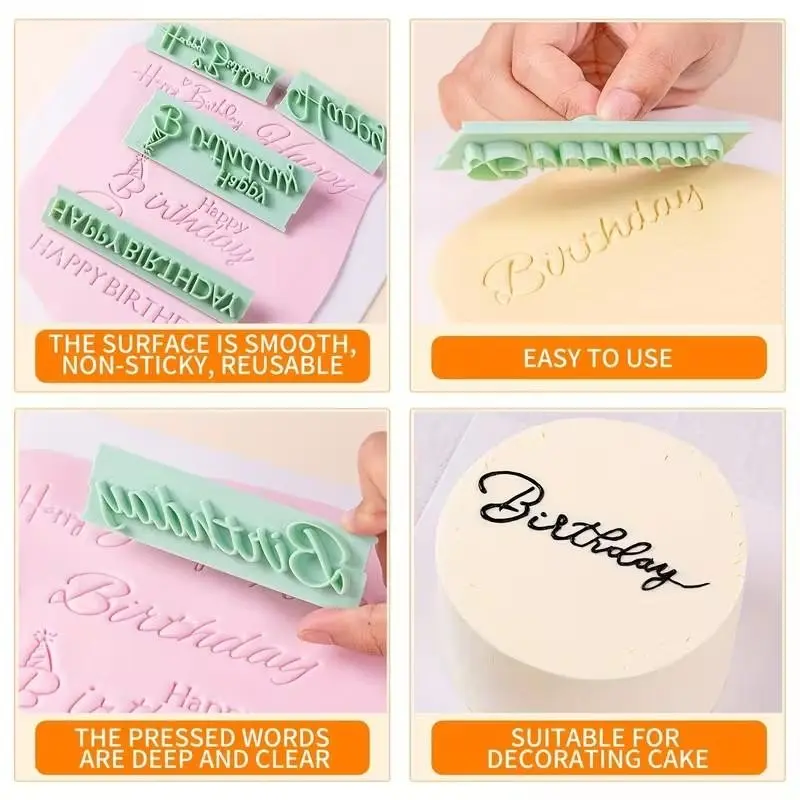 Happy Birthday Wishes Cake Word Stamps, 8-Piece Set for DIY Cakes & Pastries, Handwritten Letter Cutters for Anniversaries & Celebrations