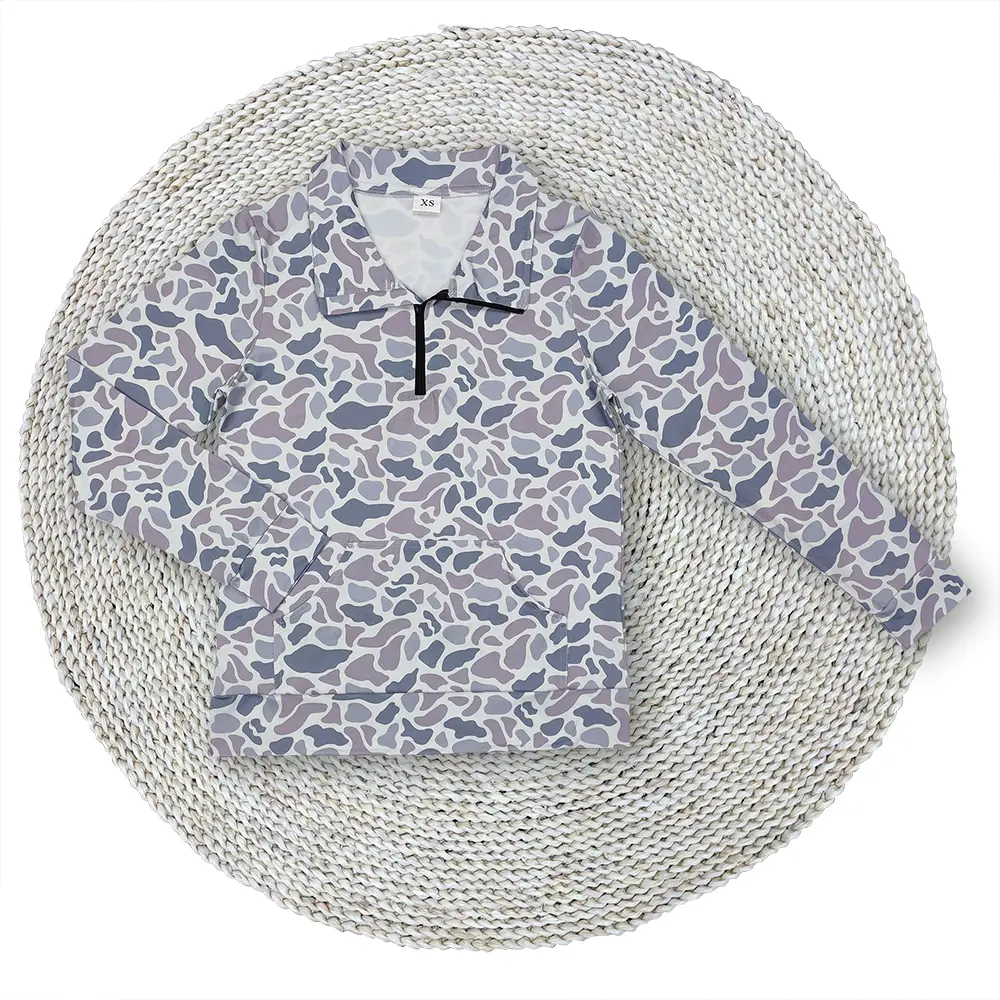 Women Adult Grey Camouflage Hunting Quarter Zip Long Sleeve Pullovers Tops