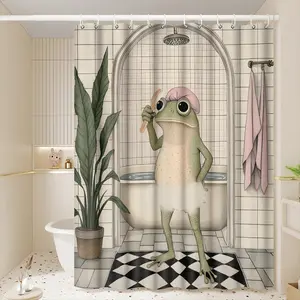 1pc Funny Frog Bathing Cartoon Printed Shower Curtains with Plastic Hooks Shower Curtain for Bathtub Bathroom,Suitable for Home and Hotel Machine Washable Bathroom Decor as Best Gifts for Friends