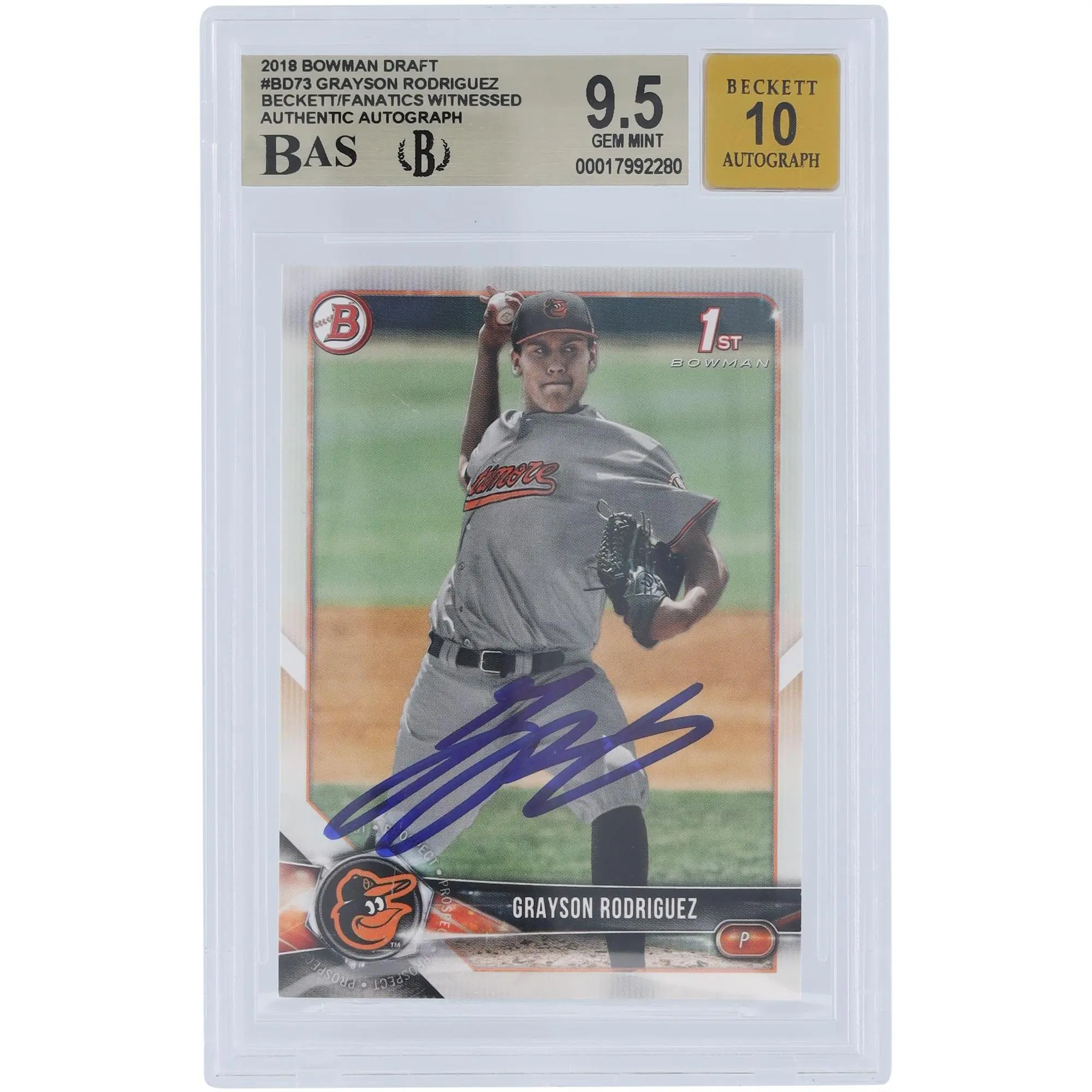 Grayson Rodriguez Baltimore Orioles Autographed 2018 Bowman Draft 1st Bowman #BD-73 Beckett Fanatics Witnessed Authenticated 9.5/10 Card - Fanatics Authentic Certified