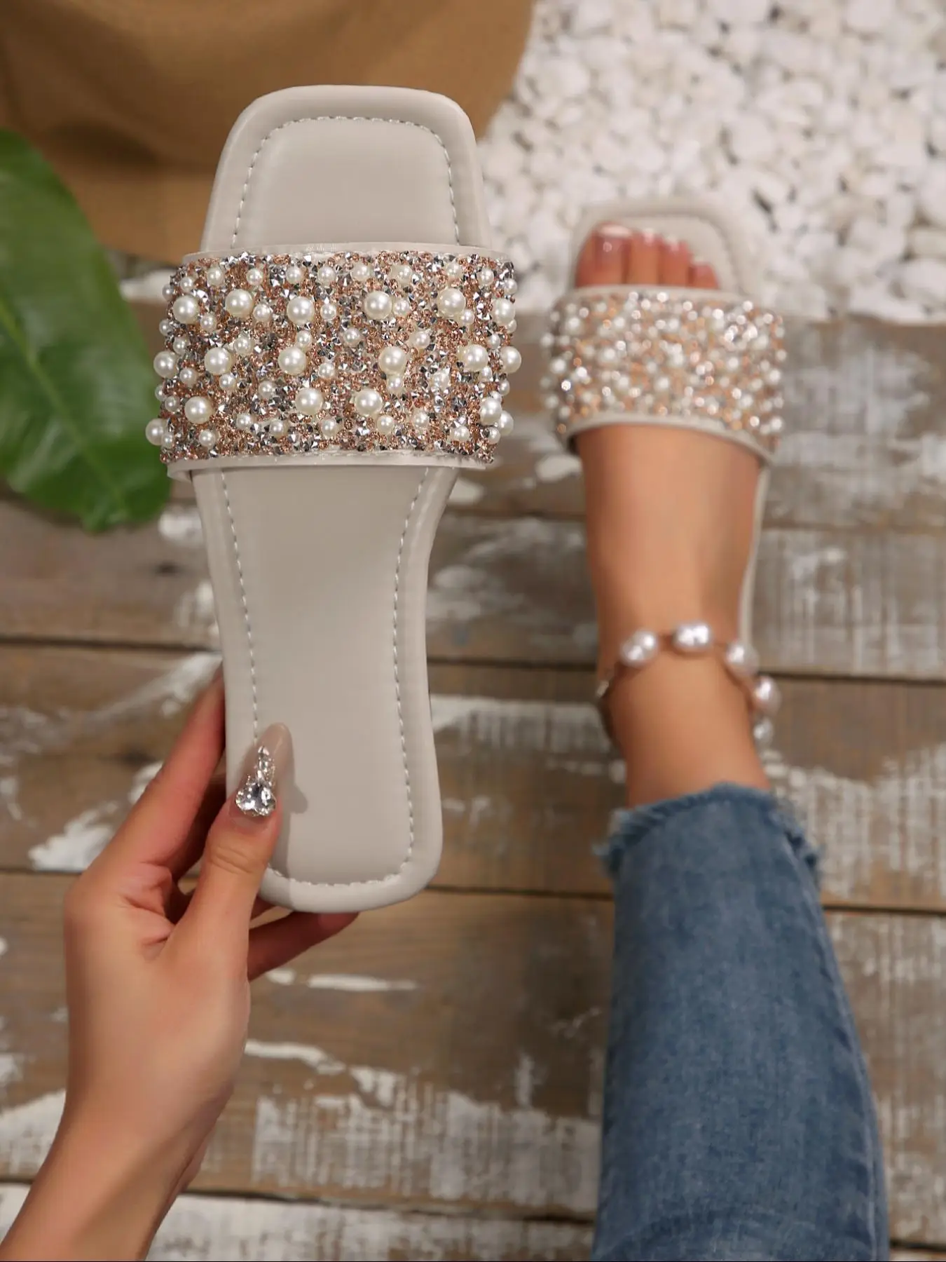Fashionable Rhinestone & Faux Pearl Decorated Slide Sandals, Elegant Square Toe Flat Sandals for Women, Casual Versatile Slide Sandals for Daily Wear,