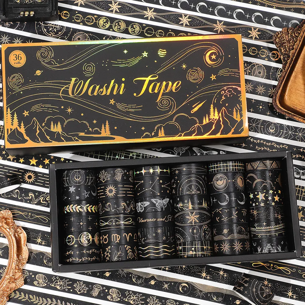 36 Rolls Black Bronzing Washi Tape Kit 3 Different Widths Star Moon Butterful DIY Decorative Tapes For Scrapbooking And Crafting Decorative Stickers For Journals Planners DIY Projects Office Supplies Scrapbook Page