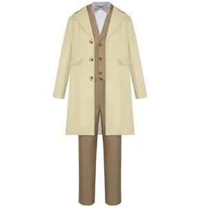 Aziraphale Angel Beige Trench Coat Cosplay Costume Set Shirt Bow Tie Vest Pants for Comic Con