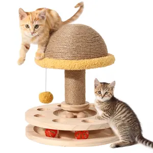 Interactive Cat Scratcher Post: Sisal Covered, 2 - Tier Wooden Track & Hanging Balls