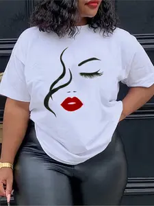 Stylish Graphic for Women White Women's T Shirt Slim Fit Casual Graphic Featuring Artistic Face Design with Long Lashes and Bold Red Lips Unique Fashion Statement Top W Festive Holiday Party Outfit for Adults Seasonal Celebration Wear