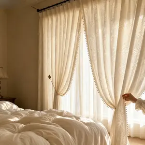 Luxury French Glam Vintage Silk Cotton Window Curtains, 2-Panel Set with Fine Crochet, Cream Pearl Trim, Soft Light Filtering Design, Free Clip Rings & Hooks for Pinch Pleated Hanging, Bedroom Home Decor, Window Curtain,summervibes
