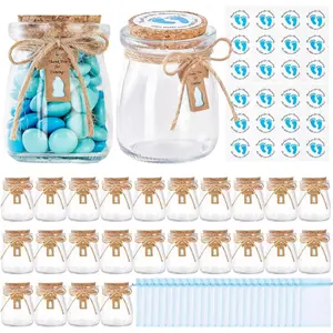 24 Pcs Shower Party Favors for Guests, Shower Gifts for Guest, 3.4 oz Small Glass Mason Jars with Cork Lids, Stickers, Label Tags, Twine, Organza Bags, Mini Candy Jar Favors for Boy