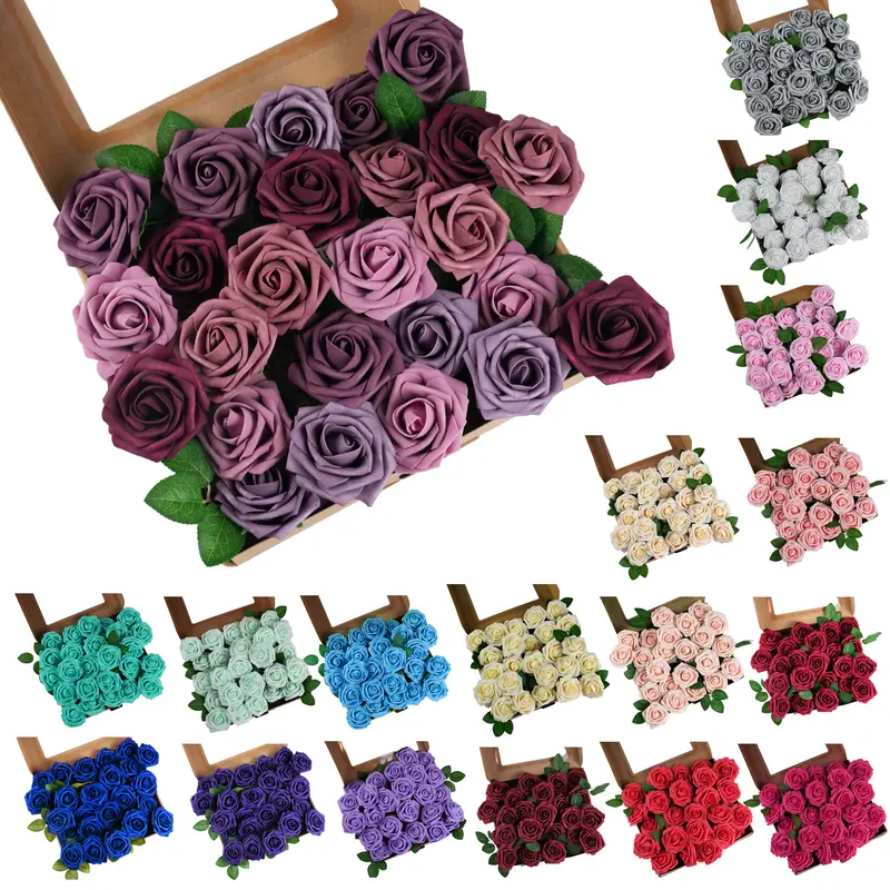 50pcs Artificial Rose Flower Realistic Foam Rose with Stem for DIY Wedding Bouquets Party Decoration
