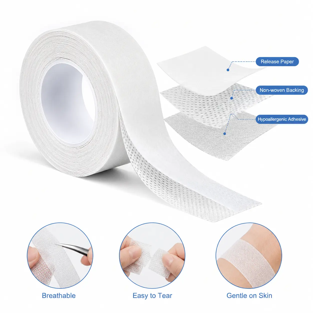 Hypoallergenic Medical Adhesive Tape, Breathable Non-Woven First Aid Tape, Easy Tear with Release Paper for Bandages, Dressings & Gauze