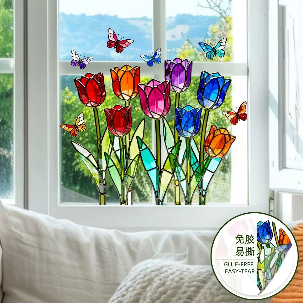 Colorful Tulip Butterfly Static Window Sticker, Sunlight Refraction Effect, Kitchen Bedroom Window Decorative Stickers, Graphic Decal, 1pc