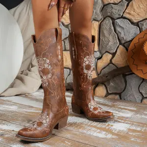 Women's Western Style Skeleton Embroidered Tall Boots Vintage Faux Leather Retro Decorative Design Thick Heel Stable Comfortable Walk Side Zipper Easy On/Off Over-the-Knee Length Leg Shaping Suitable for Daily Commuti