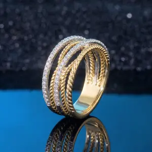 14K Gold Two-Tone Crossover Ring, 5A+ Zircon Festive Gift Suitable for Both Men and Women