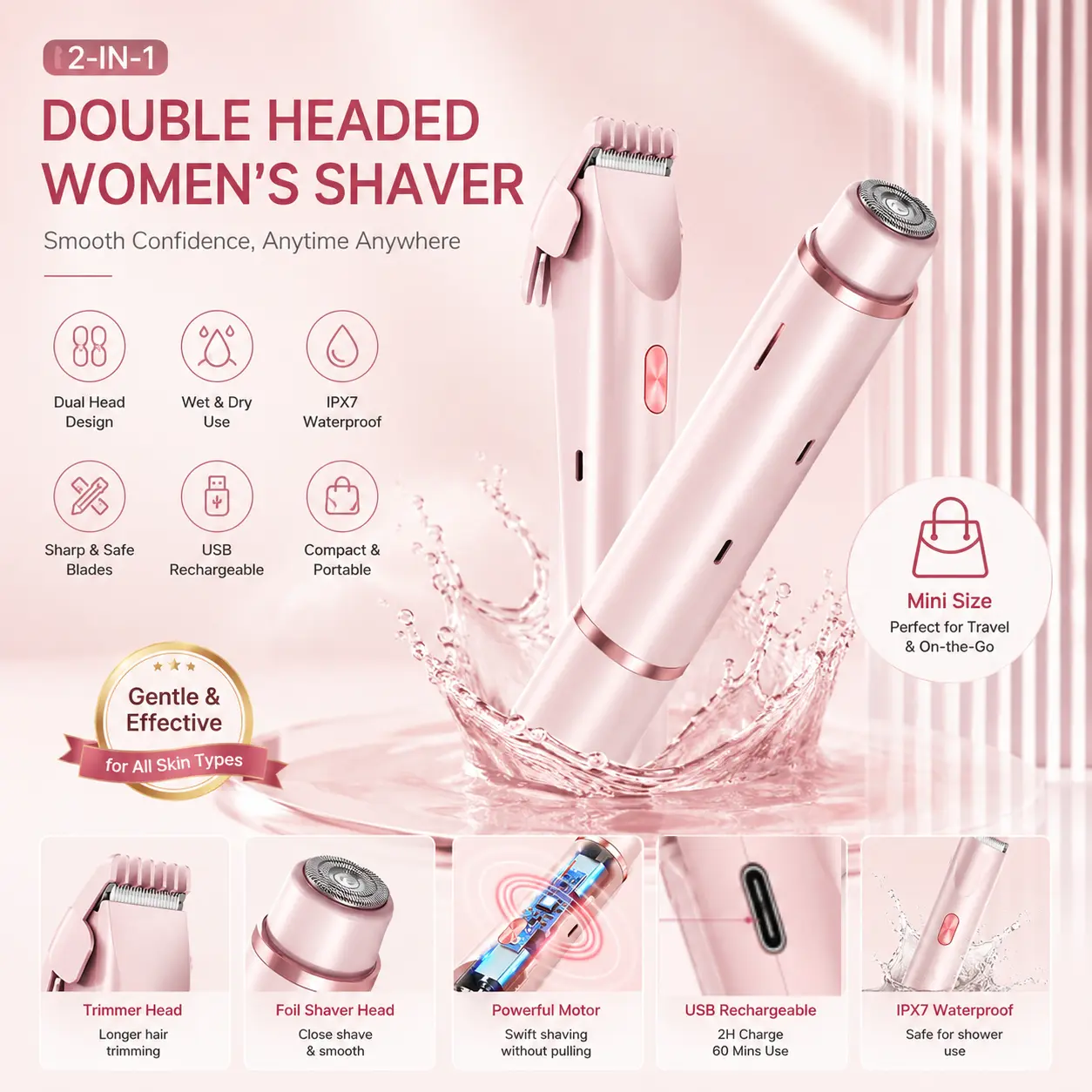 Pink Electric Shaver for Women 2 in 1 Rechargeable Waterproof Bikini Trimmerepilatorepilatorepilatorepilator#epilator#razor#safety razor set 2-in-1 body