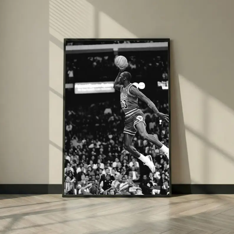 Vintage Art Unframed Black & White Chicago #23 Flying Layup Legend Classic Print - Dunk Paper Photo Poster, Wall Decor for Man Cave Gym, Home Decor Gift