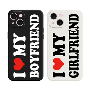 I Love My Boyfriend / Girlfriend Letter Pattern Phone Cases Black & White Shockproof TPU Soft Liquid Silicone Protector for iPhone 17 Pro Max 17Air 16 15 Plus 14 13 12 11 with Lanyard Button