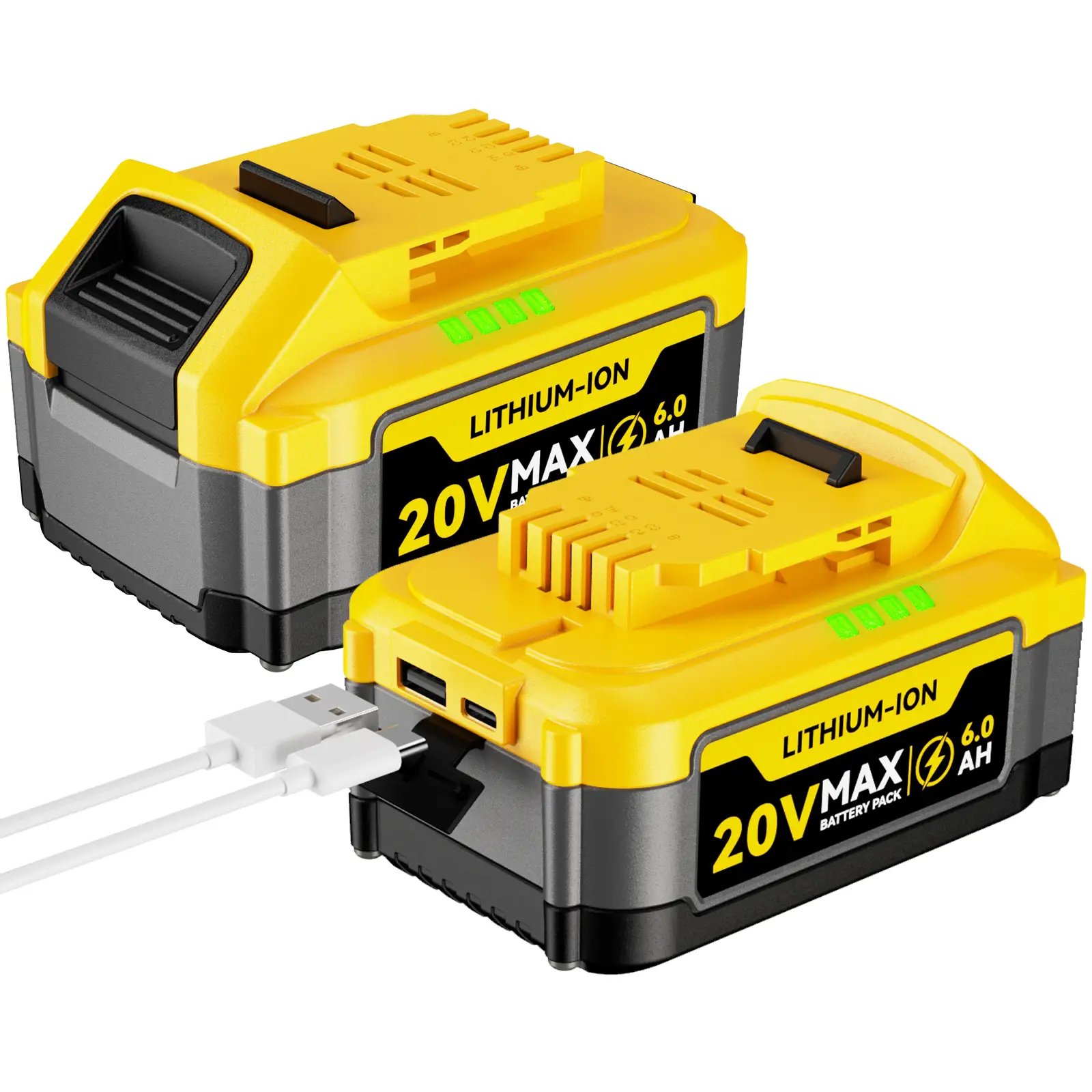 2 Pack 6000mAh Replace for Dewalt 20v Battery, Type-C charging and USB dual discharge ports, Battery level display, Compatible with DCB200 DCB201 DCB2