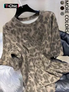 Women's Leopard Print Round Neck Short Sleeve Casual Streetwear, Everyday Fitted T-Shirt for Summer