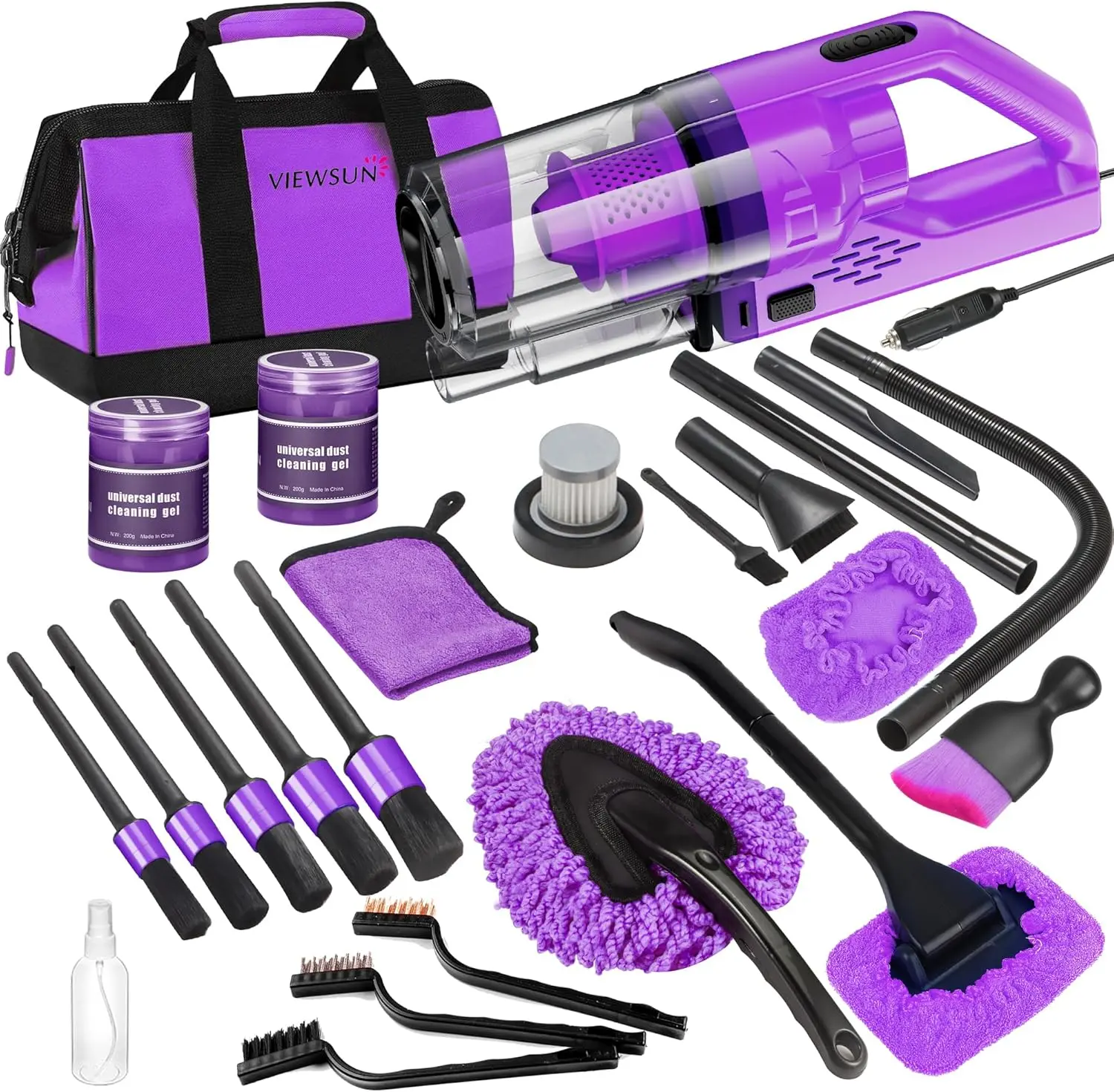 【TikTokShopBackToSchool】Viewsun 17PCS Car Cleaning Kit, Purple Car Interior Detailing Kit with High Power Handheld Vacuum, Detailing Brush Set, Windshield Cleaner, Cleaning Gel, Complete Auto Accessories for Women Gift，Summervibes
