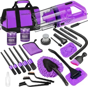 【mothersdaygift】Viewsun 17PCS Car Cleaning Kit, Purple Car Interior Detailing Kit with High Power Handheld Vacuum, Detailing Brush Set, Windshield Cleaner, Cleaning Gel, Complete Auto Accessories for Women Gift
