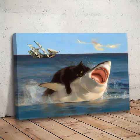 Cat Riding Shark Pattern Canvas Painting without Frame, 1 Count Funny Creative Animal Pattern Decorative Wall Art, Artwork for Walls, Animal Design, Wall Decoration for Home Living Room Bedroom, Ornaments