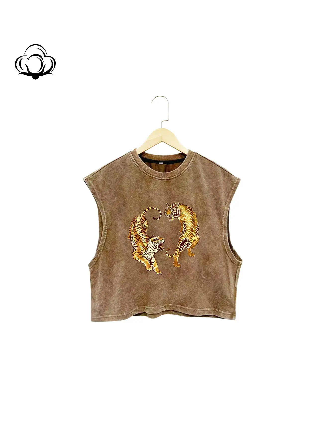 Y2K Streetwear Summer New Round Neck Casual Loose Fit Oversized Sleeveless Short T-Shirt, Casual Graphic Tee, Tiger Pattern Print, Cotton Material, Unisex Couple Fashion Top