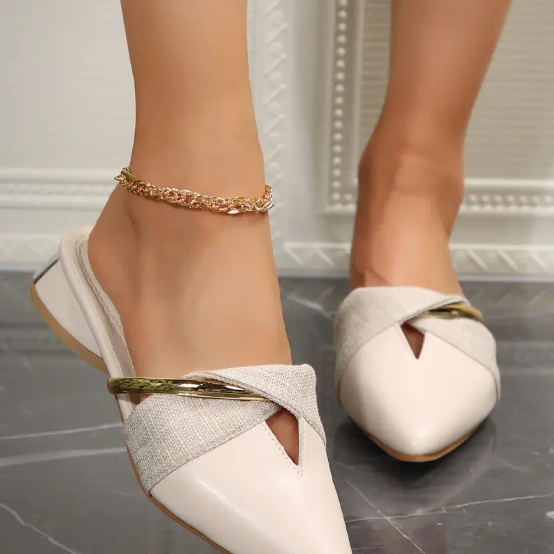 Women's Beige Pointed-Toe Slip on Mules with Metallic & Textured Detail, Casual Walking Shoes, Versatile Comfortable Commuting Shoes, Female All-match Trendy Shoes for Daily Wear, Office & Party Looks Rubber Footwear