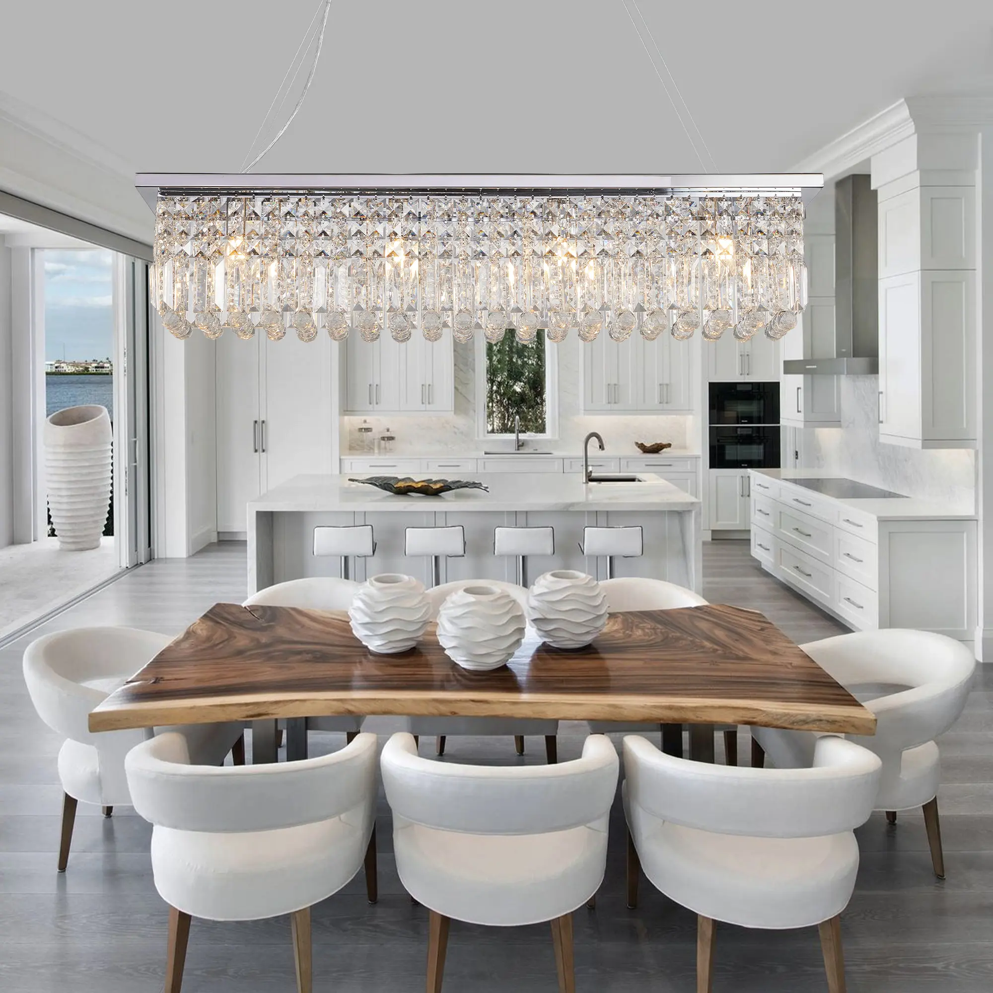 Premium polished silver iron frame and high-grade K9 crystal long rectangular cascading pendant light