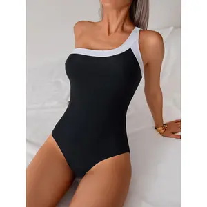2026 New European & American Style One-Shoulder Color-Block One-Piece Swimsuit for Women, Fashionable Slim-Fit Bikini Swimwear