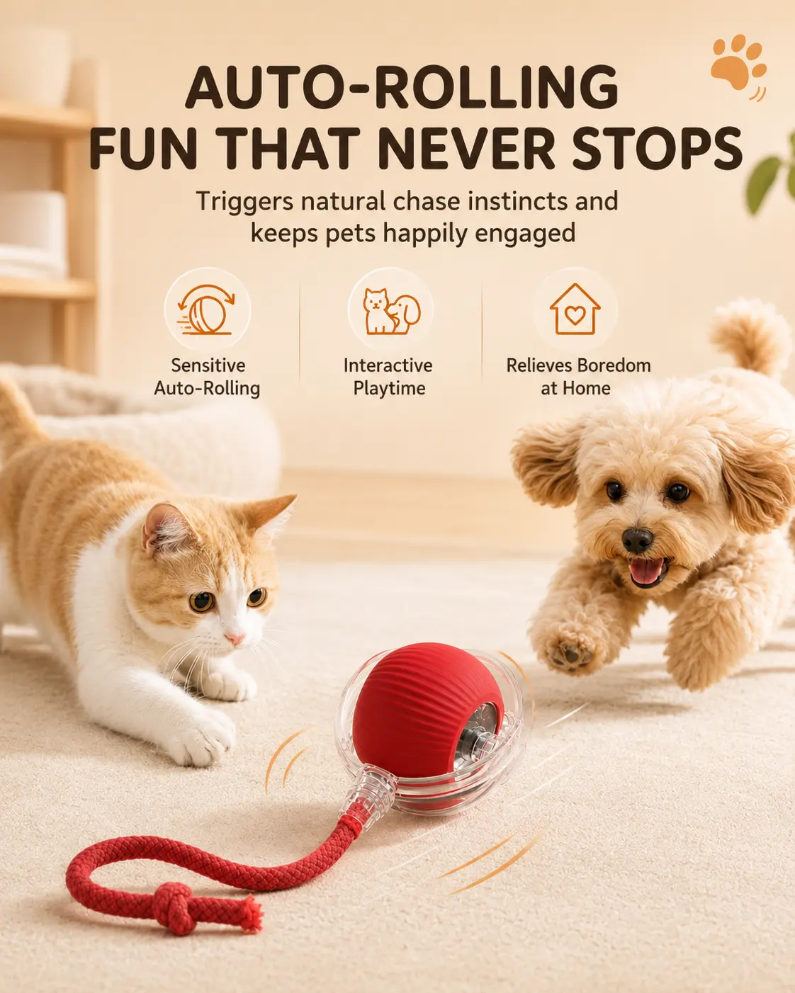 Interactive Auto-Rolling Pet Ball Toy with Rope Tail – USB Type-C Rechargeable Chase Toy for Cats and Small Dogs