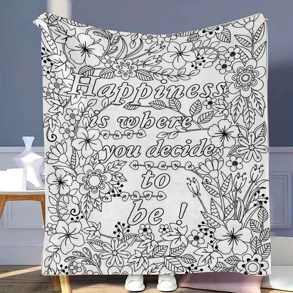 Happiness Quote Coloring Book Style Blanket Soft Flannel Throw Blanket with Black White Floral Inspirational Print, Cozy Gift for Women Girls Teens and Art Lovers Positive Room Decor for Bed Couch Sofa Dorm Lightweight Warm Blanket for Naptime Movie Night