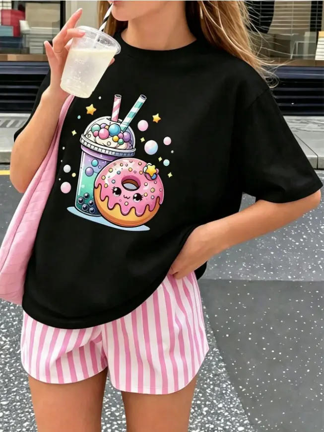 Kawaii Donut Bubble Tea Cartoon Graphic T-Shirt Girls Coffee Shop Daily Outfit 100% Cotton Oversized Unisex Short Sleeve Tee