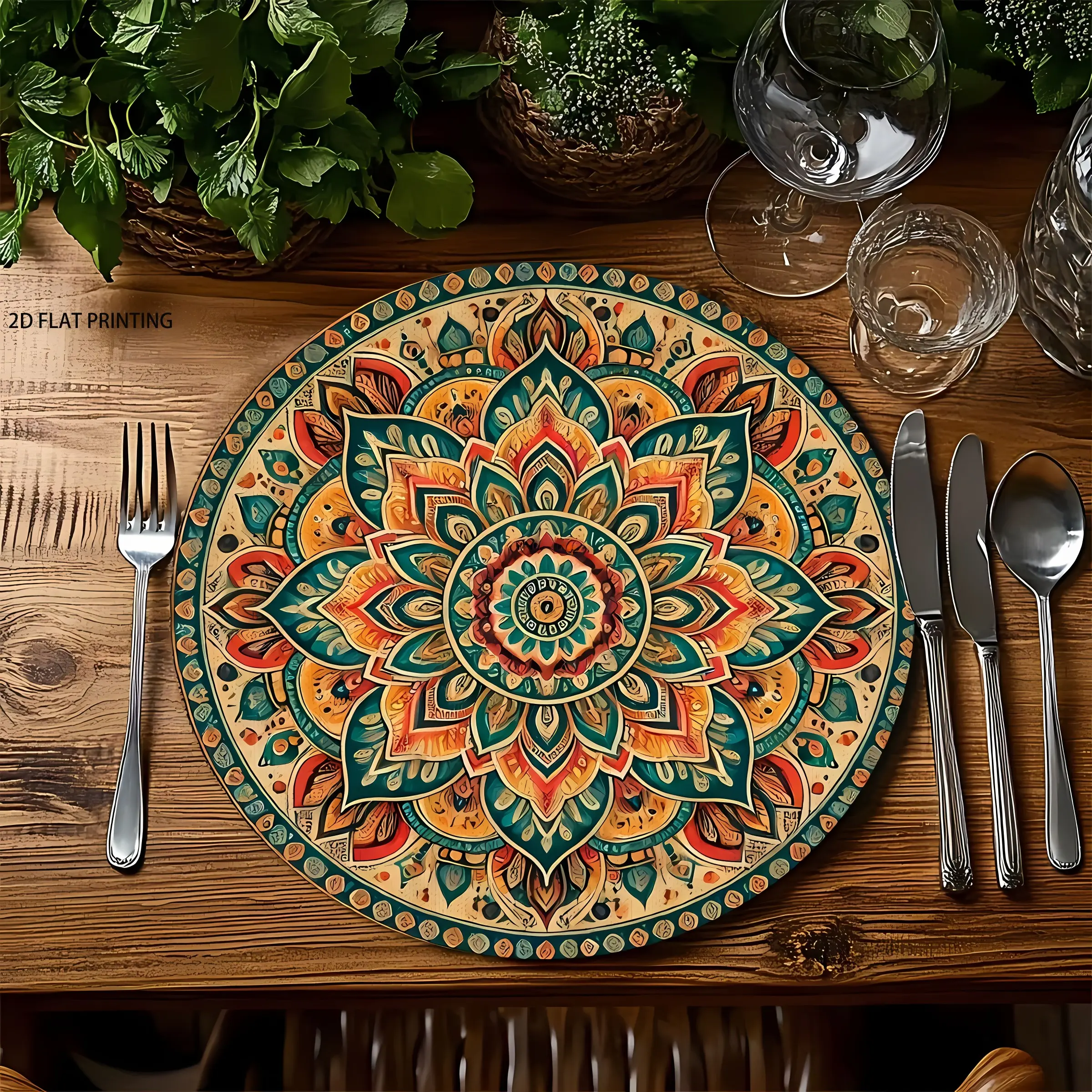 2D flat printing, 2-piece/4-piece set, retro Bohemian floral circular placemats, table mats, Coasters, mandala patterned placemats, suitable for farmhouse dining, parties, home decoration and gifts, holiday decoration