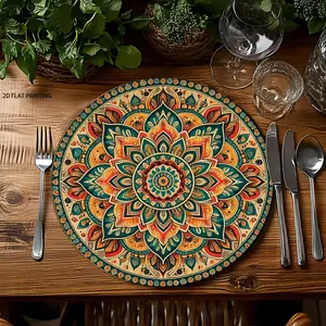 2D flat printing, 2-piece/4-piece/6-piece/8-piece set, retro Bohemian floral circular placemats, table mats, mandala patterned placemats, suitable for farmhouse dining, parties, home decoration and gifts, dining table decoration, holiday decoration