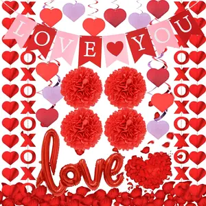 Valentines Day Party Supplies, LOVE YOU Banner, XO Garlands, Rose Petals, Tissue Pom Poms, Foil Balloon for Bedroom, Engagement, Anniversary, Wedding Romantic Decorations