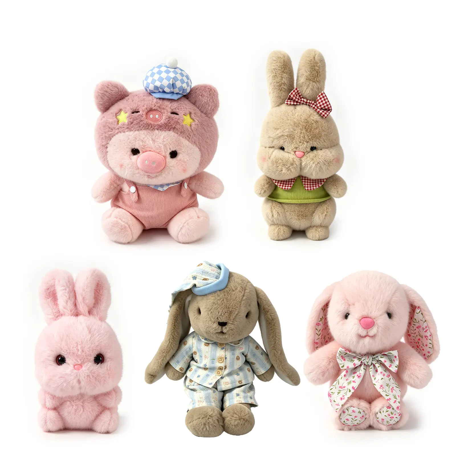 5Pcs Cute Bunny & Pig Plush Toy Set, Soft Stuffed Animal Plushies for Kids, Compact Cuddly Rabbit/Pig Plush Toys for Birthday & Bedtime Gift