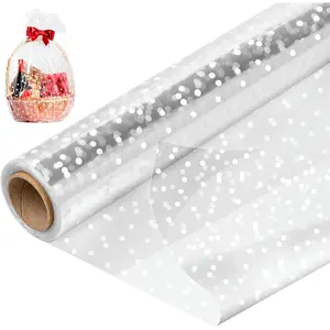 34 In x 100 Ft Mother's Day Clear Cellophane Wrap Roll, Extra Wide, 2.5 Mil Thick Transparent Wrapping Paper with White Dots for Baskets, Flower Bouquets (34" Fold into 17")