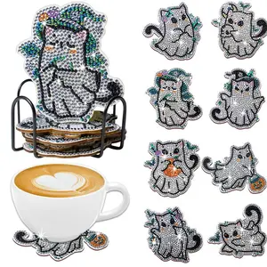 8-piece irregularly shaped Halloween-patterned artificial diamond painted coasters set Diamond Painting Coasters DIY crystal diamond painted wooden coasters with stand, suitable for adult office coffee MATS, family coasters, craft items and gifts