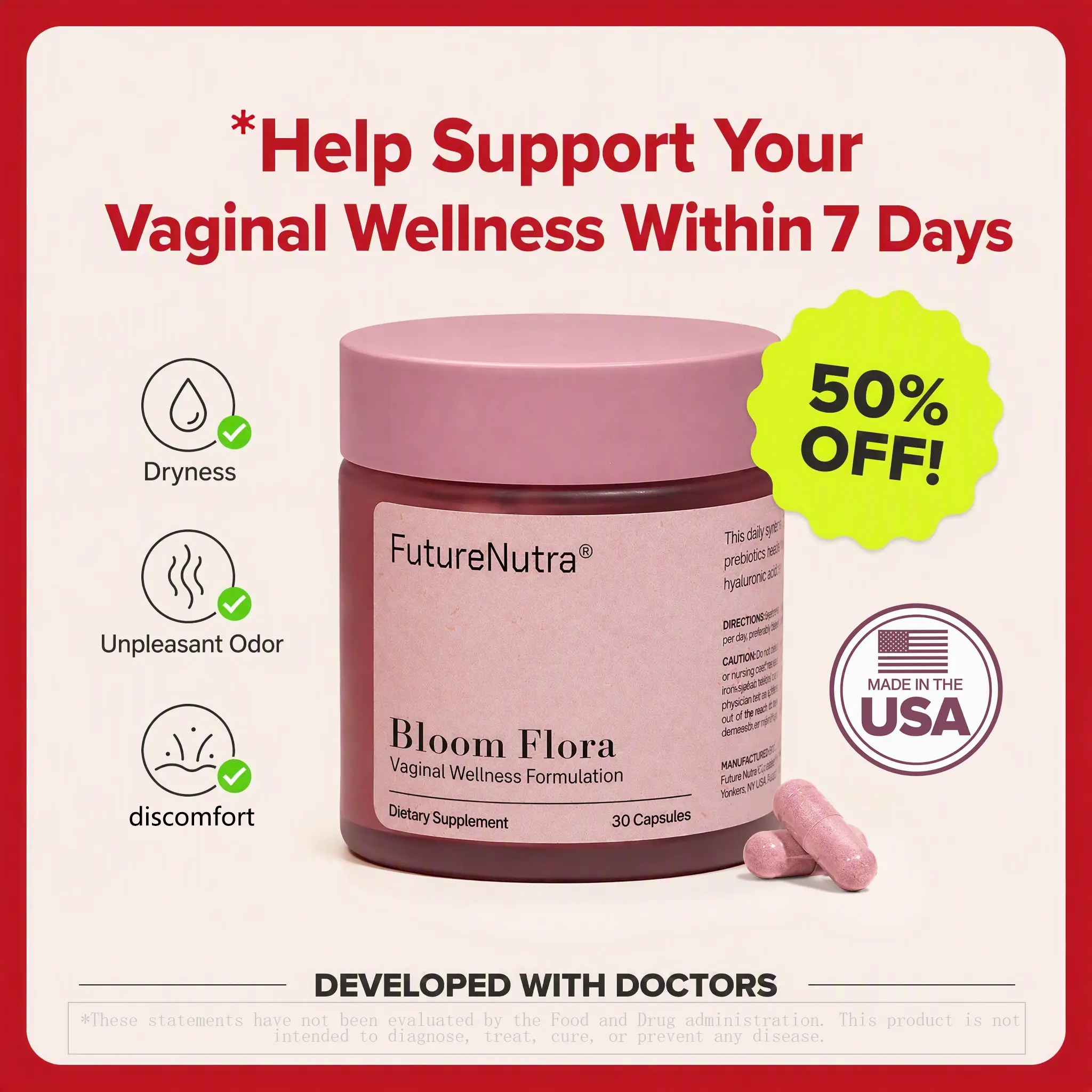 FutureNutra Professional Women's Probiotics - 10 Strains, 15B CFU, Artificial Color Free, Cranberry, Inulin, Hyaluronic Acid, Supports Intimate pH Balance, Fresh Scent, Comfort, 1 Cap/Day (30 Capsules), Gmp-Certified Production For Trust, Probiotics For W