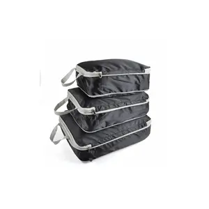 Compressible Packing Travel Storage Bag Cubes Waterproof Nylon Portable with Handbag for Luggage Organizer - Set of 3 Pieces in Black