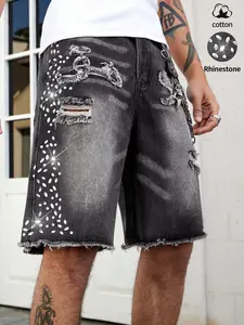 mens jorts，Rhinestone-Embellished Denim Shorts, Low-Rise Frayed Denim Shorts, Loose-Fit Jeans, Distressed Slim-Fit Straight-Leg Jeans